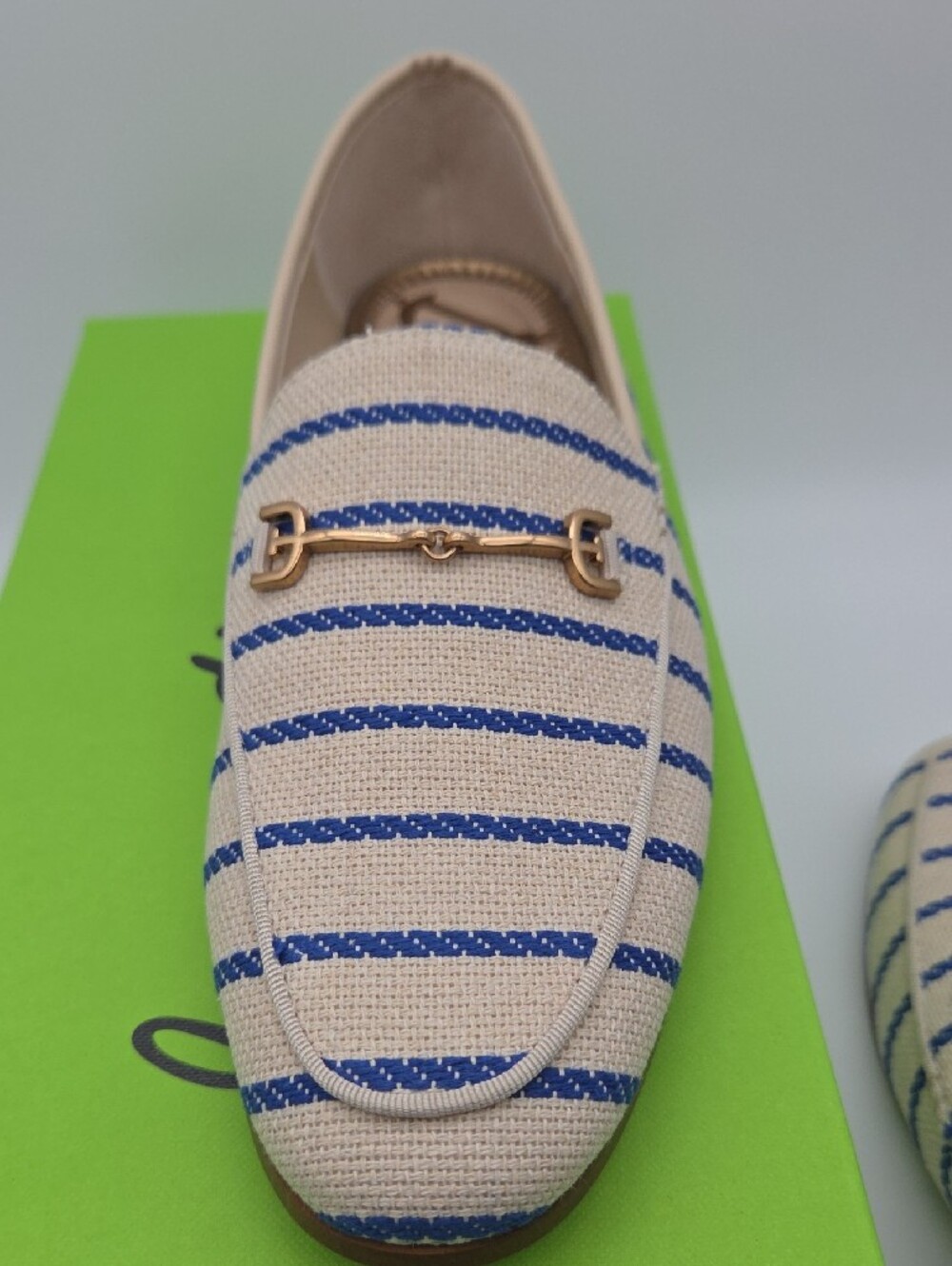 Sam Edelman Beige and Blue Striped Loafers with Gold Hardware - Picture 3 of 7